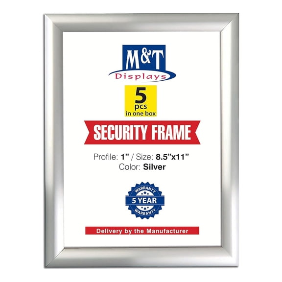 M&T Displays Security Snap Poster Frame 8.5x11 Silver Aluminum Photo Document Sign Holder (5 pack)