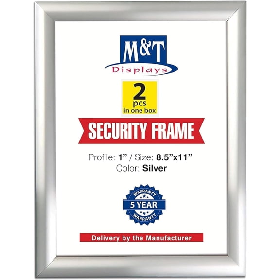 M&T Displays Security Snap Poster Frame Poster Frame 8.5x11 Inch Silver 1" Aluminum Profile Front Loading Picture Photo Document Certificate Sign Holder Mitered Corner Anti Glare Cover (2 pack)