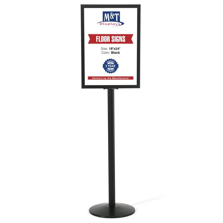M&T Displays Sign Holder Stand, Black 18x24 Inch Poster Frame Double Sided  Slide-In Aluminum Easy Loading Floor Standing Pedestal Advertisement Post  Commercial Menu Holder Round Heavyweight Base 