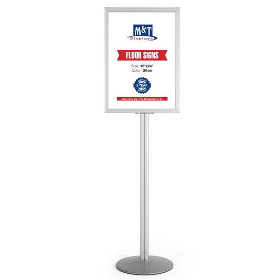 M&T Displays Sign Holder Stand, Silver 18x24 Inch Poster Frame Double Sided Slide-In Aluminum Easy Loading Floor Standing Pedestal Advertisement Post Commercial Menu Holder Round Heavyweight Base