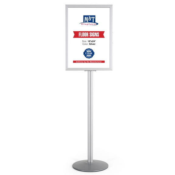 M&T Displays Sign Holder Stand, Silver 18x24 Inch Poster Frame Double Sided Slide-In Aluminum Easy Loading Floor Standing Pedestal Advertisement Post Commercial Menu Holder Round Heavyweight Base