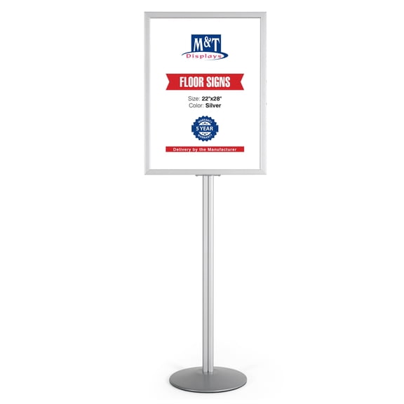 M&T Displays Sign Holder Stand, Silver 22x28 Inch Poster Frame Double Sided Slide-In Aluminum Easy Loading Floor Standing Pedestal Advertisement Post Commercial Menu Holder Round Heavyweight Base