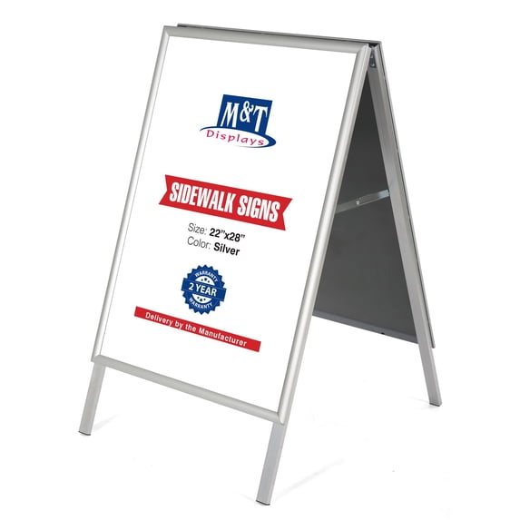 M&T Displays Silver Sandwich Board, 22x28 Inches Poster Sidewalk Display, 1" Aluminum profile, A-Frame with Header Menu Board, Double Sided, Polystyrene Backing, Mitered Corner
