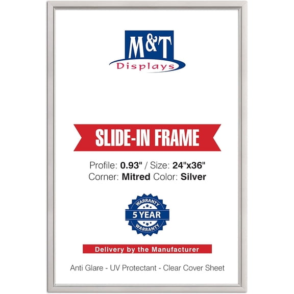 M&T Displays Silver Slide In Frame with Mitred Corner 24x36 Poster Frame 0.93 inches Aluminum Profile Front Loading Wall Mounting Display for Picture, Document or Certificate
