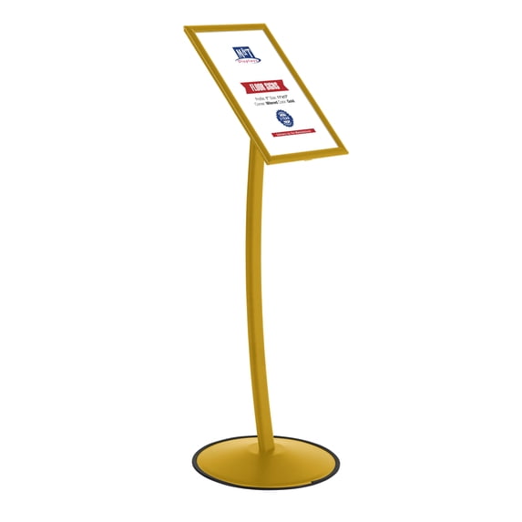 M&T Displays Simplistic Curved Menu Board 11x17 inch Gold Pedestal Sign Holder Floor Standing Aluminum Front Loading Easy Open Poster Advertisement Sign Holder for Restaurant Cafe Hotel