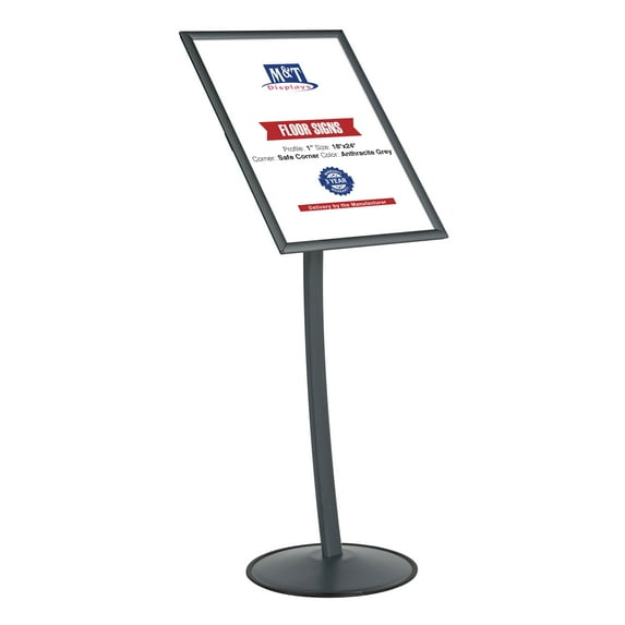 M&T Displays Simplistic Curved Menu Board 18x24 inch Anthracite Gray Pedestal Sign Holder Floor Standing Aluminum Front Loading Easy Open Poster Advertisement Sign Holder for Restaurant Cafe Hotel