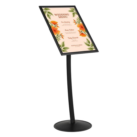 M&T Displays Simplistic Curved Menu Board 18x24 inch Black Pedestal Sign Holder Floor Standing Aluminum Front Loading Easy Open Poster Advertisement Sign Holder for Restaurant Cafe Hotel