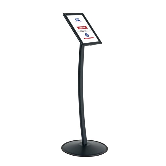 M&T Displays Simplistic Curved Menu Board 8.5x11 inch Anthracite Gray Pedestal Sign Holder Floor Standing Aluminum Front Loading Easy Open Poster Advertisement Sign Holder for Restaurant Cafe Hotel