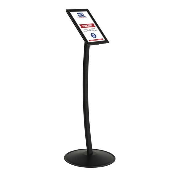 M&T Displays Simplistic Curved Menu Board 8.5x11 inch Black Pedestal Sign Holder Floor Standing Aluminum Front Loading Easy Open Poster Advertisement Sign Holder for Restaurant Cafe Hotel