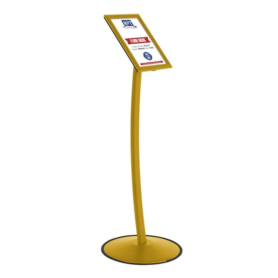 M&T Displays Simplistic Curved Menu Board 8.5x11 inch Gold Pedestal Sign Holder Floor Standing Aluminum Front Loading Easy Open Poster Advertisement Sign Holder for Restaurant Cafe Hotel