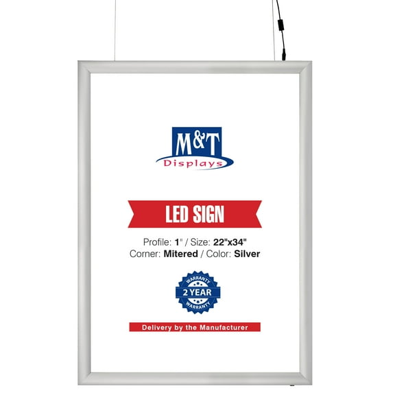 M&T Displays Smart LEDbox LED Backlit Poster Frame 22x34 Inch Silver 1" Aluminum Profile Front Loading Photo Picture Advertisement Sign Holder Mitered Corner Anti Glare Cover