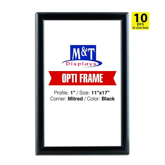 M&T Displays Snap Frame 11x17, 1" Profile, Aluminum, Wall Mounted - Black / 10pcs / Front Loading
