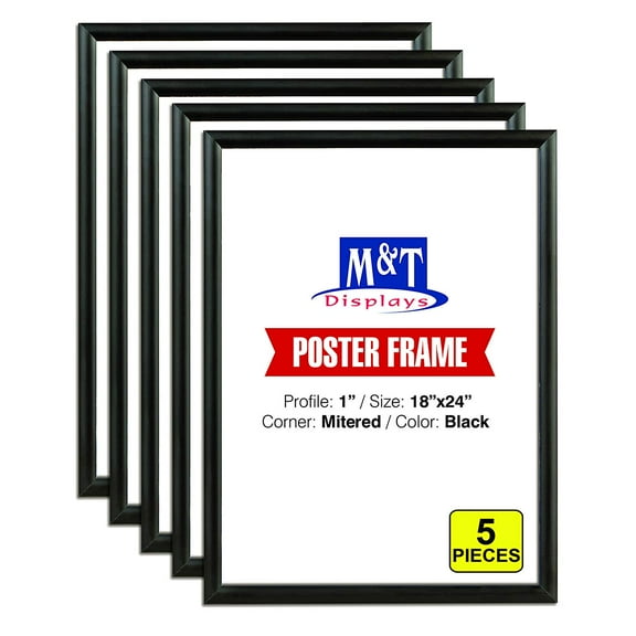 M&T Displays Snap Frame 18x24 Inch, Poster Size 1 Inch, Black Color Profile, Front Loading, Mitered Corner (5 Frames)