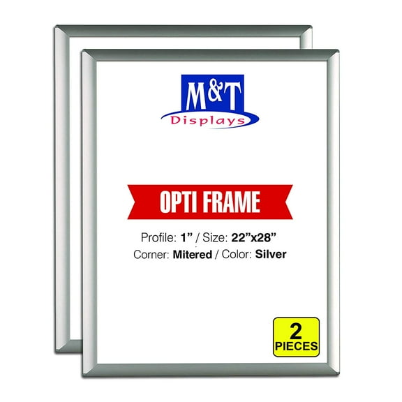 M&T Displays Snap Frame 22x28 Poster Size 1" Silver Color Profile, Mitred Corner, (2, Silver) Front Loading