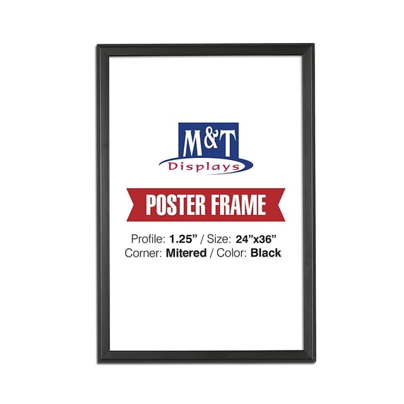 M&T Displays Snap Frame, 24X36 Poster Size, 1.25" Mitered Corner, Professional, Front Loading (Black)