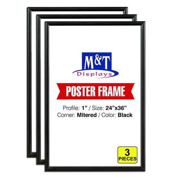 M&T Displays Snap Frame 24x36 Inch Poster Size, 1 Inch Black Color Aluminum Profile, Front Loading, Mitered Corner (3 Frames)