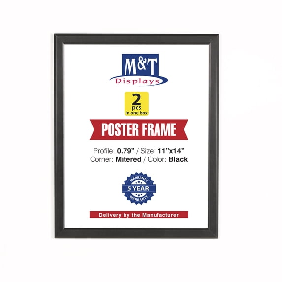 M&T Displays Snap Poster Frame 11x14 Inch Black 0.79" Aluminum Profile Easy Front Loading Wall Mounting Photo Picture Document Sign Holder Mitered Corner Anti Glare Cover (2 pack)