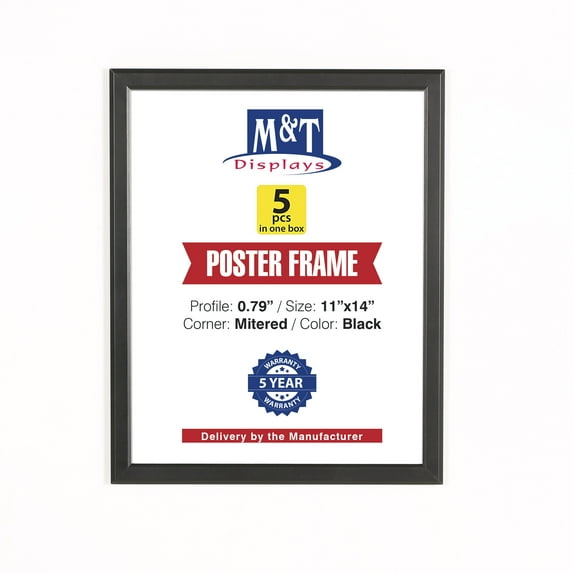 M&T Displays Snap Poster Frame 11x14 Inch Black 0.79" Aluminum Profile Easy Front Loading Wall Mounting Photo Picture Document Sign Holder Mitered Corner Anti Glare Cover (5 pack)