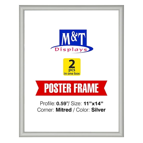 M&T Displays Snap Poster Frame 11x14 Inch Silver 0.59" Aluminum Profile Front Loading Wall Mounting Picture Photo Document Certificate Sign Holder Mitered Corner Anti Glare Cover (2 pack)