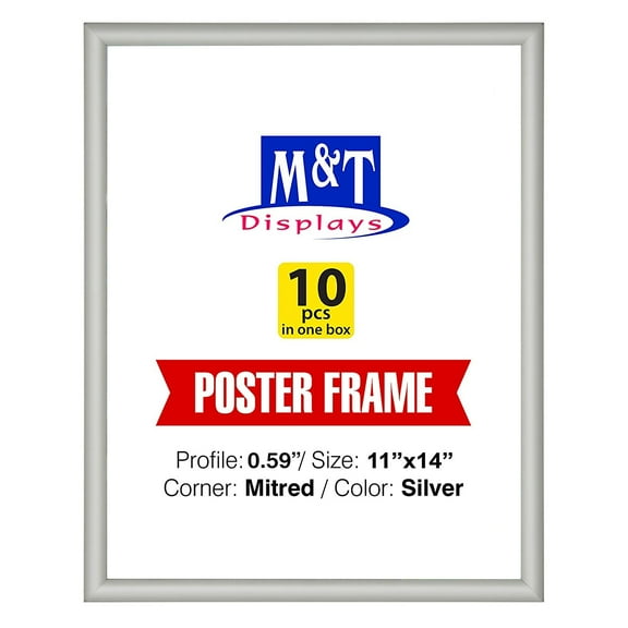 M&T Displays Snap Poster Frame 11x14 Inch Silver 0.59" Aluminum Profile Front Loading Wall Mounting Picture Photo Document Certificate Sign Holder Mitered Corner Anti Glare Cover (10 pack)