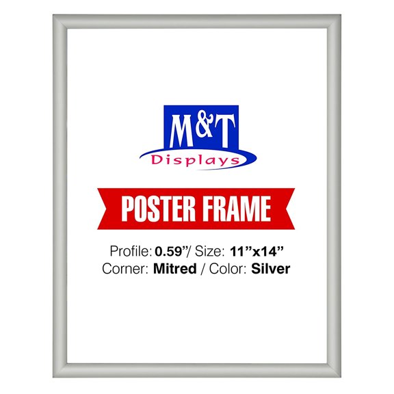 M&T Displays Snap Poster Frame 11x14 Inch Silver 0.59" Aluminum Profile Front Loading Wall Mounting Picture Photo Document Certificate Sign Holder Mitered Corner Anti Glare Cover