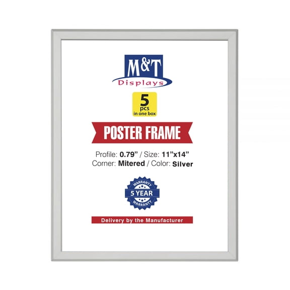 M&T Displays Snap Poster Frame 11x14 Inch Silver 0.79" Aluminum Profile Easy Front Loading Wall Mounting Photo Picture Document Sign Holder Mitered Corner Anti Glare Cover (5 pack)