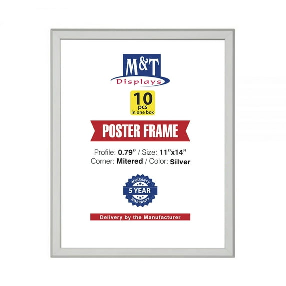 M&T Displays Snap Poster Frame 11x14 Inch Silver 0.79" Aluminum Profile Easy Front Loading Wall Mounting Photo Picture Document Sign Holder Mitered Corner Anti Glare Cover (10 pack)