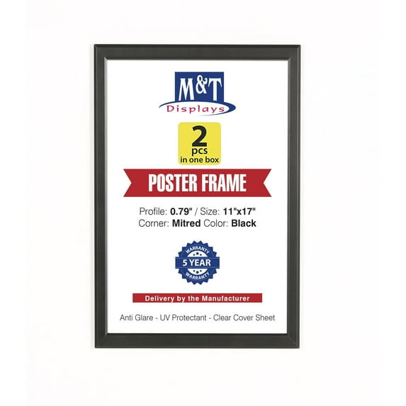 M&T Displays Snap Poster Frame 11x17 Inch Black 0.79" Aluminum Profile Easy Front Loading Wall Mounting Photo Picture Document Sign Holder Mitered Corner Anti Glare Cover (2 pack)