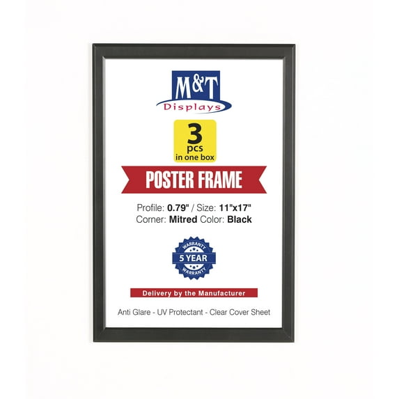 M&T Displays Snap Poster Frame 11x17 Inch Black 0.79" Aluminum Profile Easy Front Loading Wall Mounting Photo Picture Document Sign Holder Mitered Corner Anti Glare Cover (3 pack)