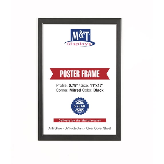 M&T Displays Snap Poster Frame 11x17 Inch Black 0.79" Aluminum Profile Easy Front Loading Wall Mounting Photo Picture Document Sign Holder Mitered Corner Anti Glare Cover