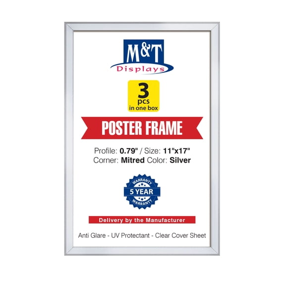 M&T Displays Snap Poster Frame 11x17 Inch Silver 0.79" Aluminum Profile Easy Front Loading Wall Mounting Photo Picture Document Sign Holder Mitered Corner Anti Glare Cover (3 pack)