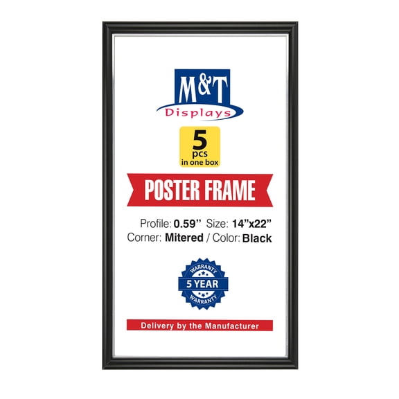 M&T Displays Snap Poster Frame 14x22 Inch Black 0.59" Aluminum Profile Front Loading Wall Mounting Picture Photo Document Certificate Sign Holder Mitered Corner Anti Glare Cover - 5 Pack
