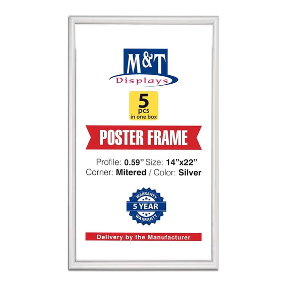 M&T Displays Snap Poster Frame 14x22 Inch Silver 0.59" Aluminum Profile Front Loading Wall Mounting Picture Photo Document Certificate Sign Holder Mitered Corner Anti Glare Cover - 5 Pack