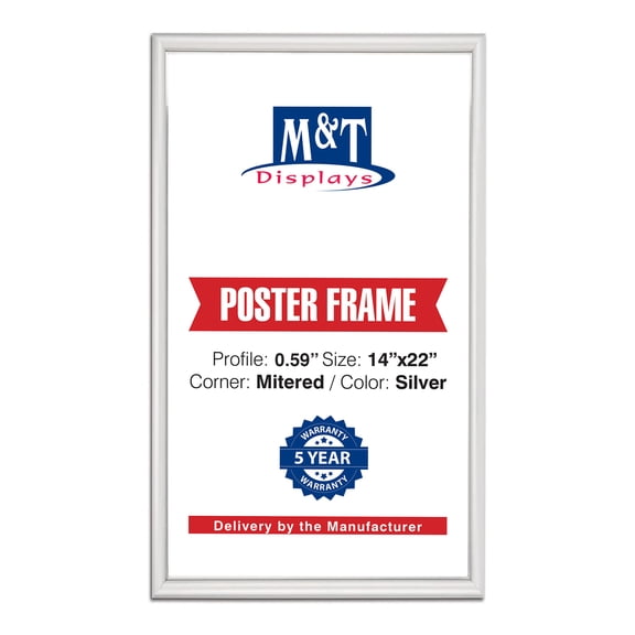 M&T Displays Snap Poster Frame 14x22 Inch Silver 0.59" Aluminum Profile Front Loading Wall Mounting Picture Photo Document Certificate Sign Holder Mitered Corner Anti Glare Cover