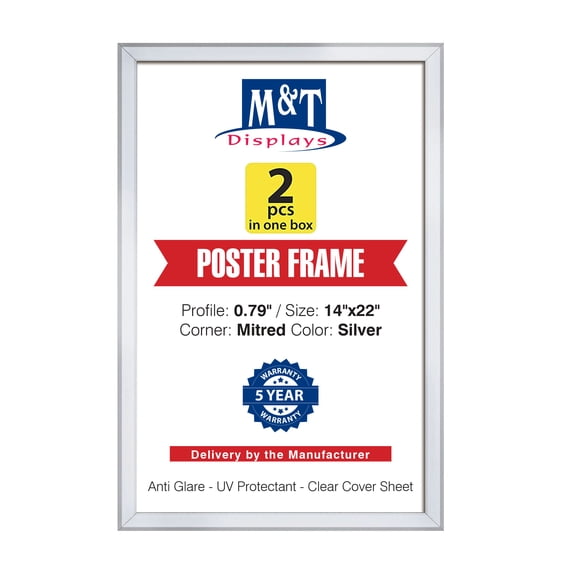 M&T Displays Snap Poster Frame 14x22 Inch Silver 0.79" Aluminum Profile Easy Front Loading Wall Mounting Photo Picture Document Sign Holder Mitered Corner Anti Glare Cover (2 pack)