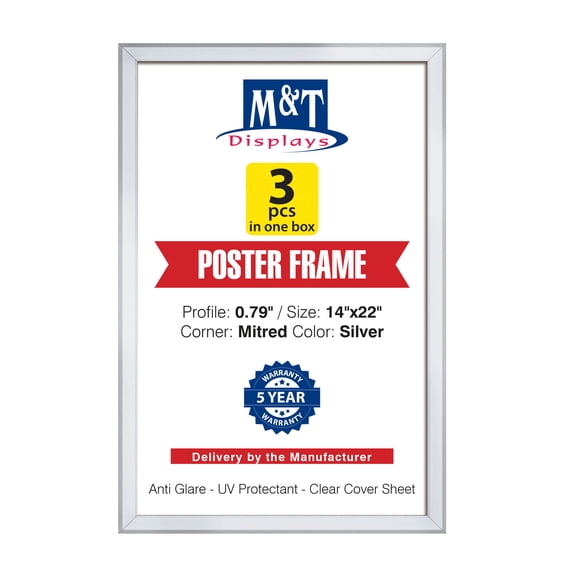 M&T Displays Snap Poster Frame 14x22 Silver Aluminum Wall Mounting Document Photo Sign Holder (3 pack)
