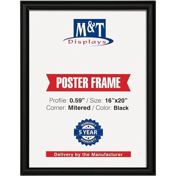 M&T Displays Snap Poster Frame 16x20 Inch Black 0.59" Aluminum Profile Front Loading Wall Mounting Picture Photo Document Certificate Sign Holder Mitered Corner Anti Glare Cover