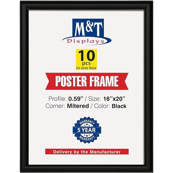 M&T Displays Snap Poster Frame 16x20 Inch Black 0.59" Aluminum Profile Front Loading Wall Mounting Picture Photo Document Certificate Sign Holder Mitered Corner Anti Glare Cover (10 pack)