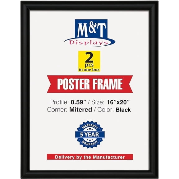 M&T Displays Snap Poster Frame 16x20 Inch Black 0.59" Aluminum Profile Front Loading Wall Mounting Picture Photo Document Certificate Sign Holder Mitered Corner Anti Glare Cover (2 pack)