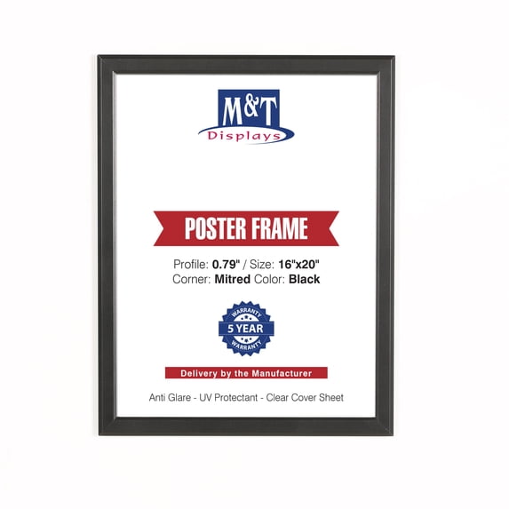 M&T Displays Snap Poster Frame 16x20 Inch Black 0.79" Aluminum Profile Easy Front Loading Wall Mounting Photo Picture Document Sign Holder Mitered Corner Anti Glare Cover