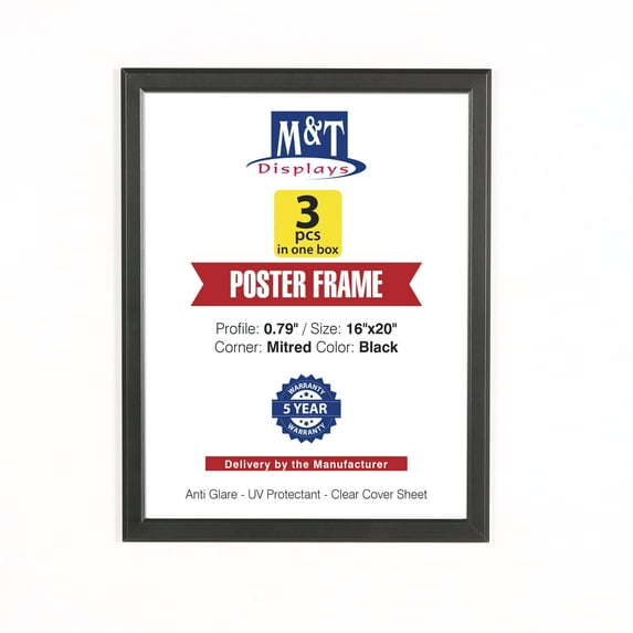 M&T Displays Snap Poster Frame 16x20 Inch Black 0.79" Aluminum Profile Easy Front Loading Wall Mounting Photo Picture Document Sign Holder Mitered Corner Anti Glare Cover (3 pack)