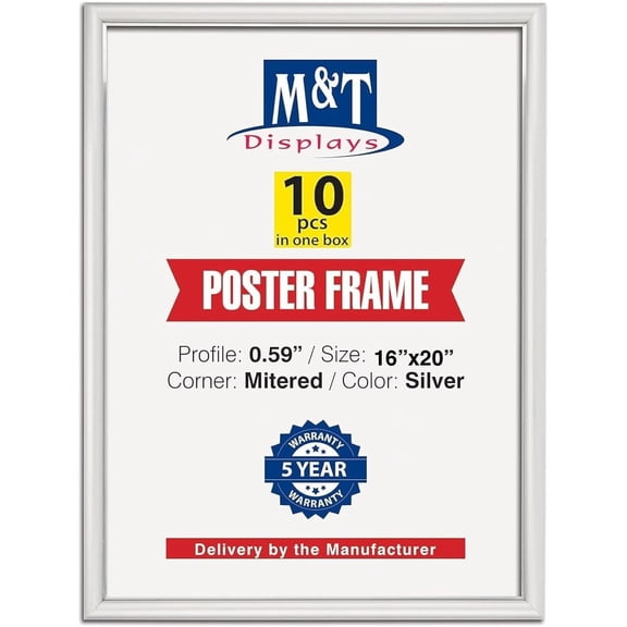 M&T Displays Snap Poster Frame 16x20 Inch Silver 0.59" Aluminum Profile Front Loading Wall Mounting Picture Photo Document Certificate Sign Holder Mitered Corner Anti Glare Cover (10 pack)