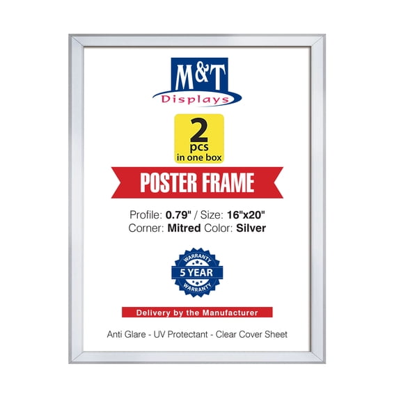 M&T Displays Snap Poster Frame 16x20 Inch Silver 0.79" Aluminum Profile Easy Front Loading Wall Mounting Photo Picture Document Sign Holder Mitered Corner Anti Glare Cover (2 pack)
