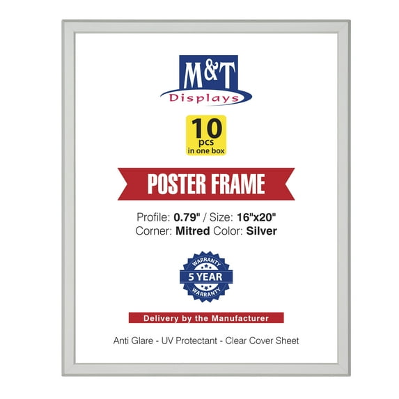 M&T Displays Snap Poster Frame 16x20 Silver Aluminum Wall Mounting Photo Sign Holder (10 pack)