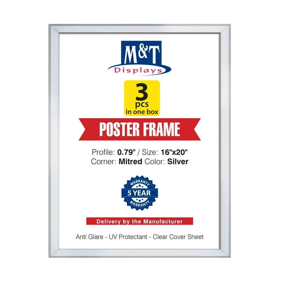 M&T Displays Snap Poster Frame 16x20 Inch Silver 0.79" Aluminum Profile Easy Front Loading Wall Mounting Photo Picture Document Sign Holder Mitered Corner Anti Glare Cover (3 pack)