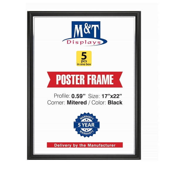 M&T Displays Snap Poster Frame 17x22 Black Aluminum Picture Photo Document Sign Holder (5 Pack)