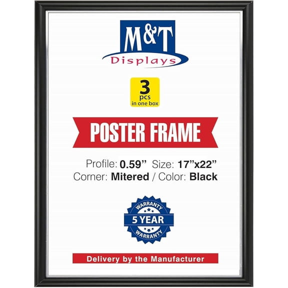 M&T Displays Snap Poster Frame 17x22 Inch Black 0.59" Aluminum Profile Front Loading Wall Mounting Picture Photo Document Certificate Sign Holder Mitered Corner Anti Glare Cover - 3 Pack