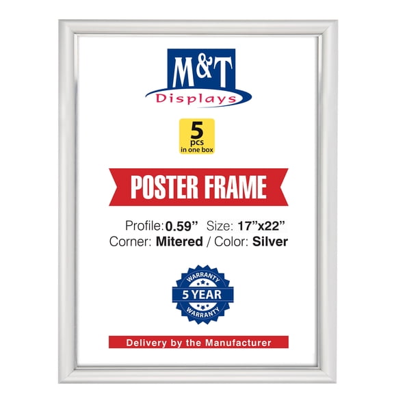 M&T Displays Snap Poster Frame 17x22 Inch Silver 0.59" Aluminum Profile Front Loading Wall Mounting Picture Photo Document Certificate Sign Holder Mitered Corner Anti Glare Cover - 5 Pack