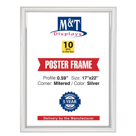 M&T Displays Snap Poster Frame 17x22 Inch Silver 0.59" Aluminum Profile Front Loading Wall Mounting Picture Photo Document Certificate Sign Holder Mitered Corner Anti Glare Cover - 10 Pack