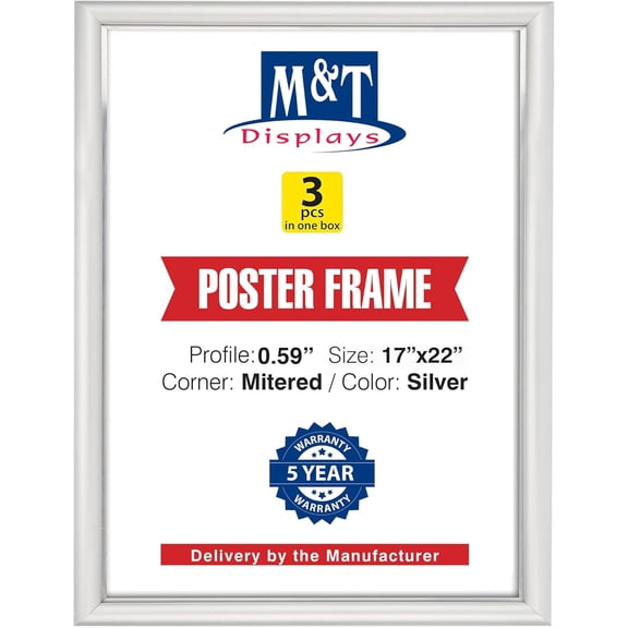 M&T Displays Snap Poster Frame 17x22 Inch Silver 0.59" Aluminum Profile Front Loading Wall Mounting Picture Photo Document Certificate Sign Holder Mitered Corner Anti Glare Cover - 3 Pack
